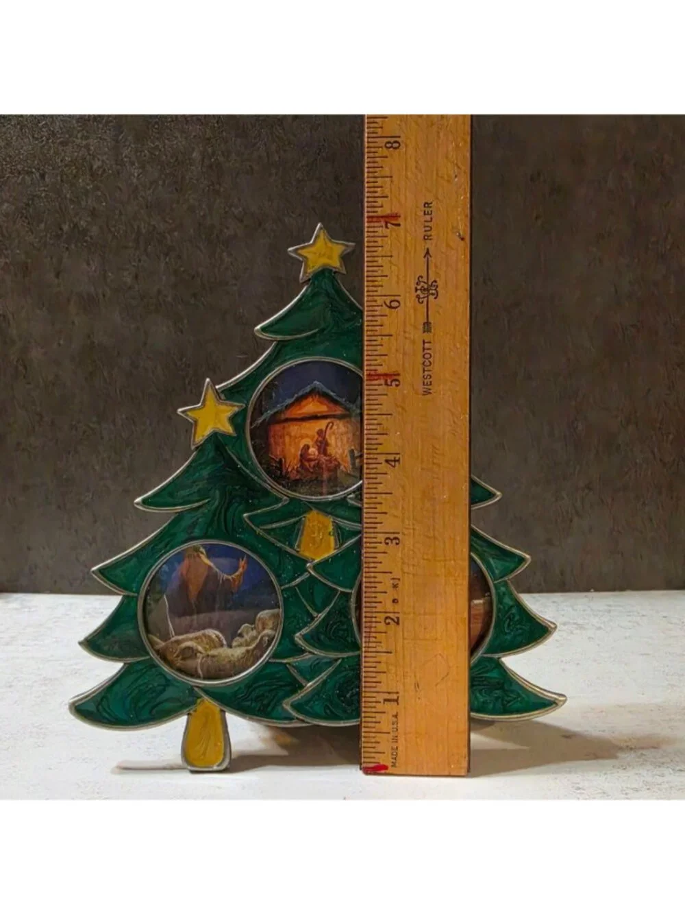 Vintage  Enamel Christmas Tree Nativity Triple Frame